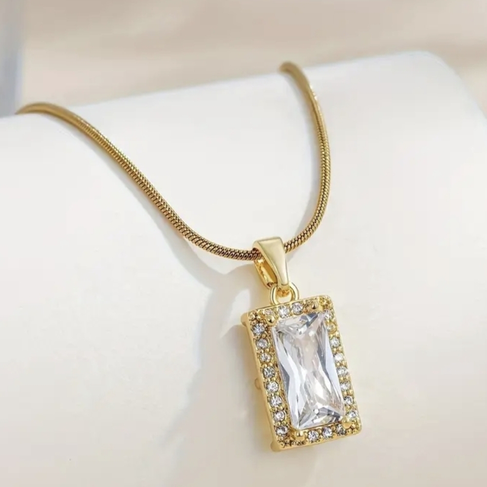Square Pendant Necklace, Stainless Steel Chain with Synthetic Cubic